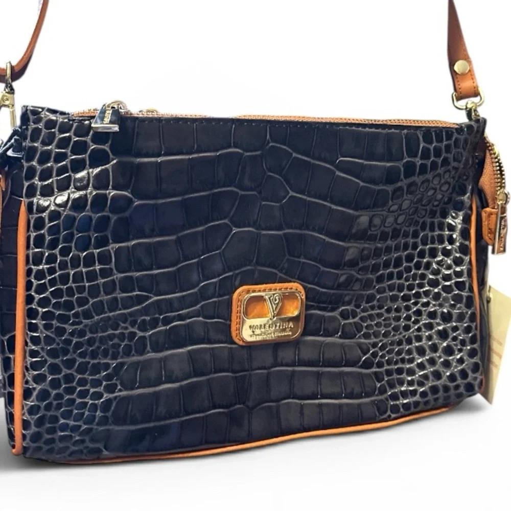 Classic Valentina Leather Croc-Textured Crossbody Bag in Black and Brown, new,